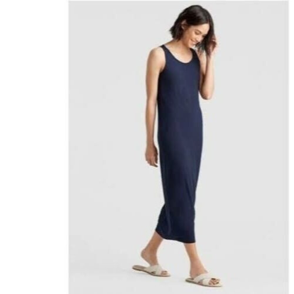 Eileen Fisher System Viscose Jersey Tank Dress Slim Fit Full Length NAVY Women L